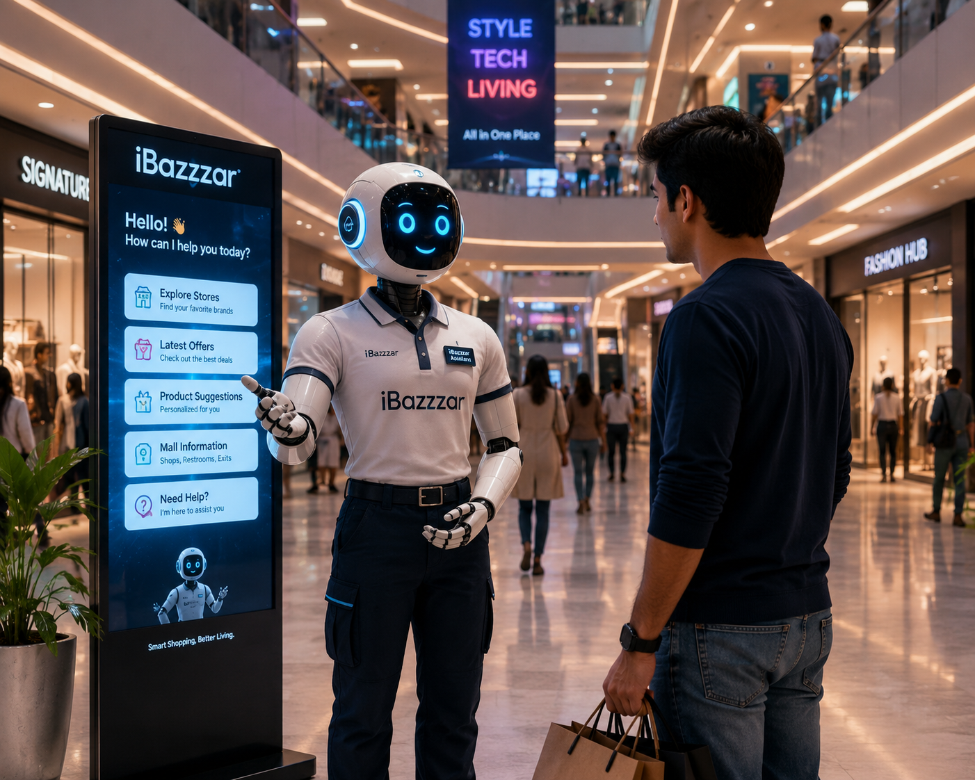 Robot guide standing inside iBazzzar digital mall